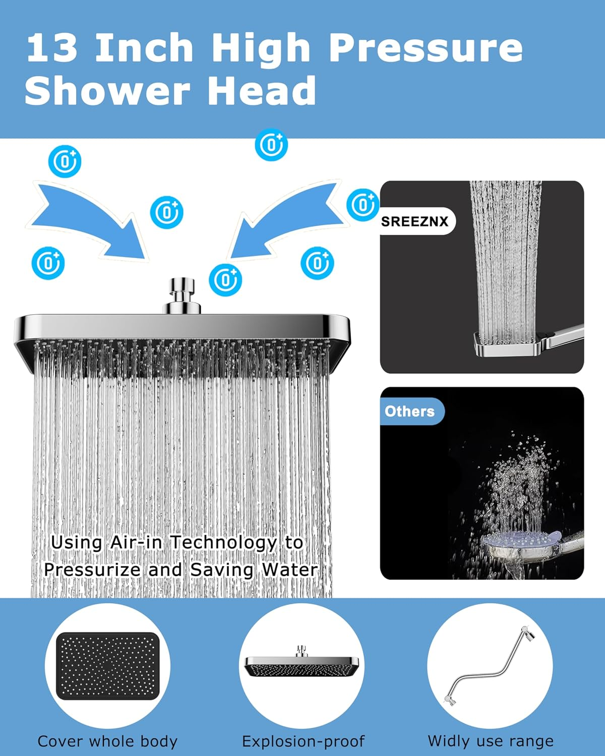 13 Inch Rain Shower Head High Flow, High Pressure Shower Head with Handheld, Rain Shower Head Extension Arm Combo Chrome - Image 5