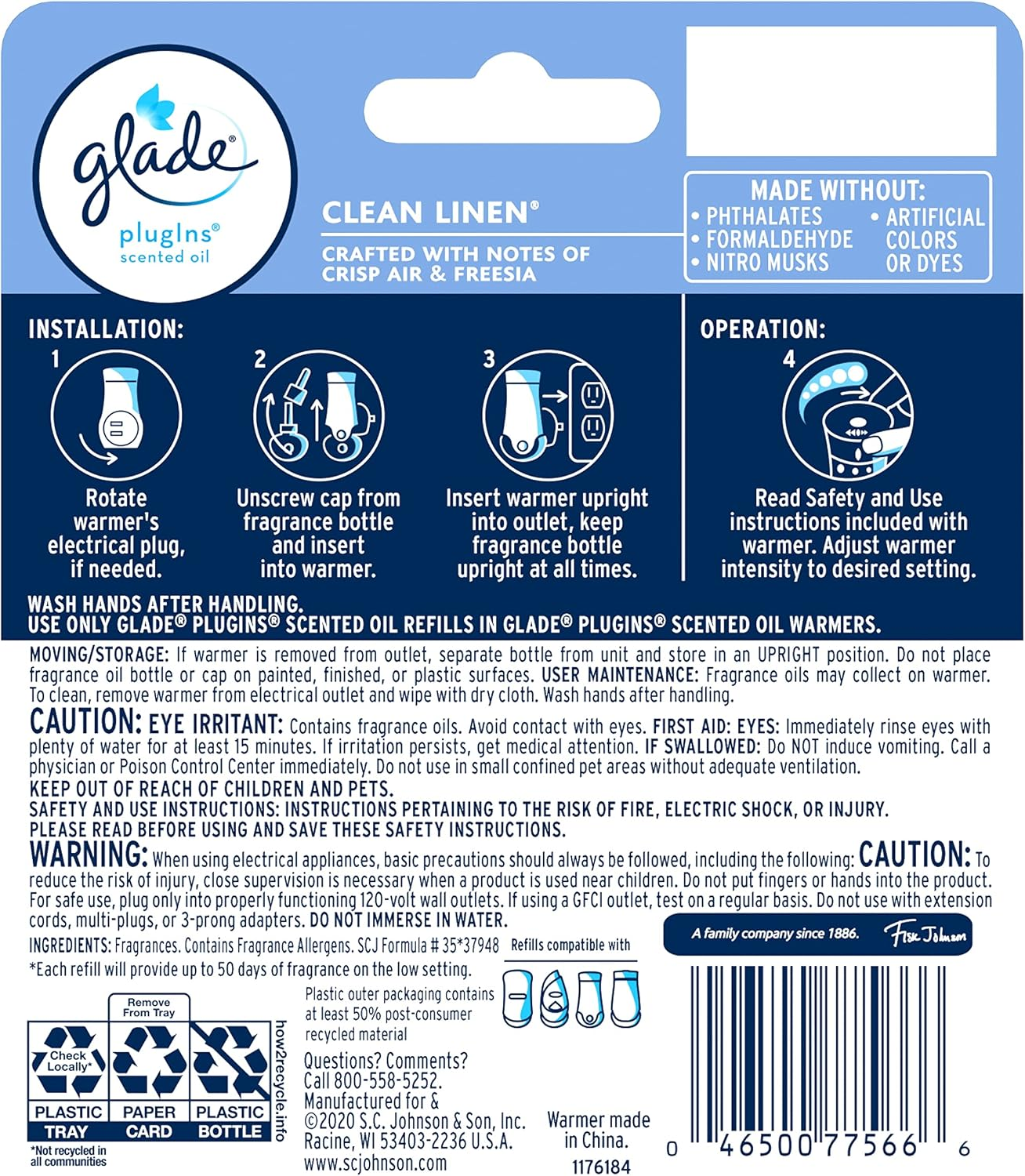 Glade Plugins Refills Air Freshener Starter Kit, Scented and Essential Oils for Home and Bathroom, Clean Linen, 1.34 Fl Oz, 1 Warmer + 2 Refills - Image 2