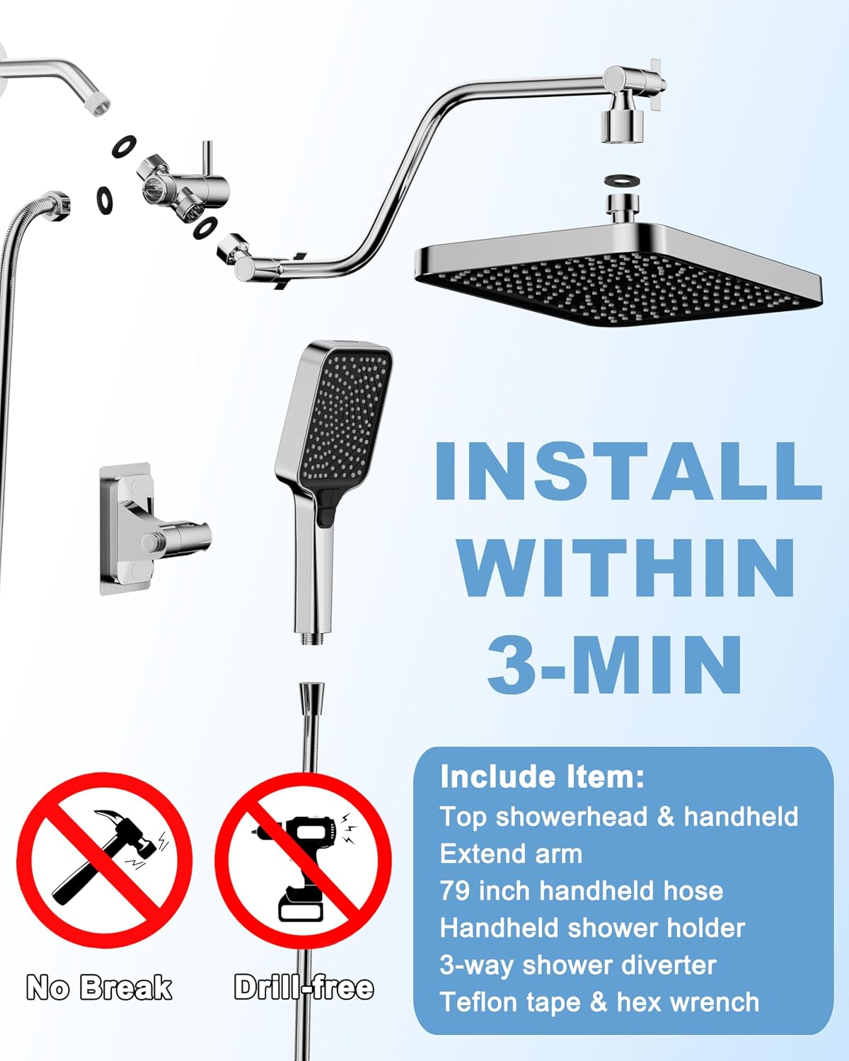 13 Inch Rain Shower Head High Flow, High Pressure Shower Head with Handheld, Rain Shower Head Extension Arm Combo Chrome - Image 6