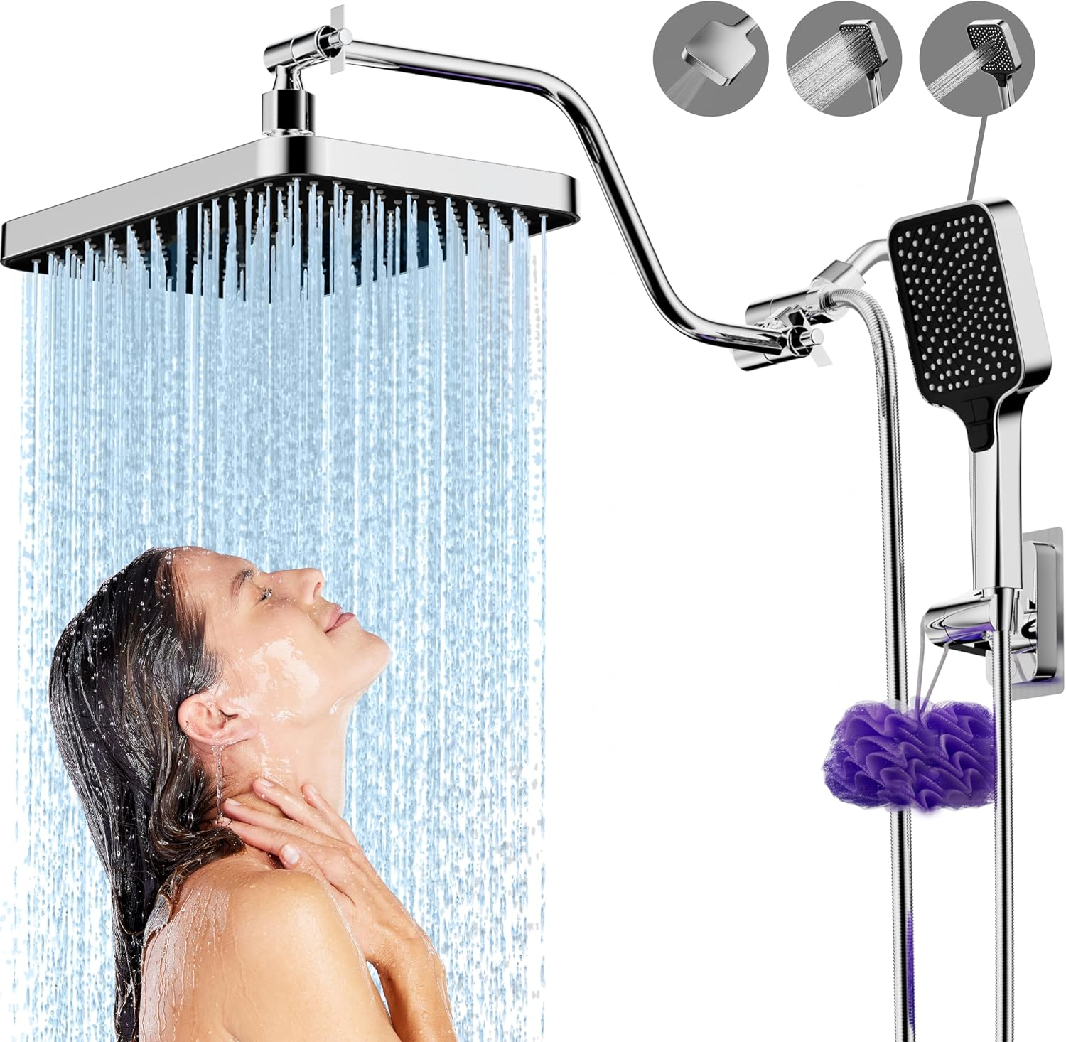 13 Inch Rain Shower Head High Flow, High Pressure Shower Head with Handheld, Rain Shower Head Extension Arm Combo Chrome